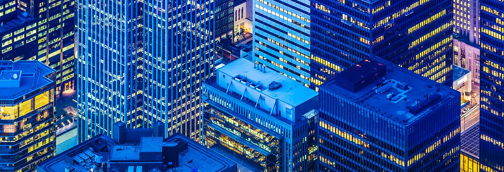 Toronto financial district cityscape at dusk
