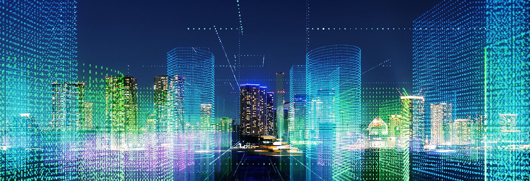 Futuristic digital city concept sketch